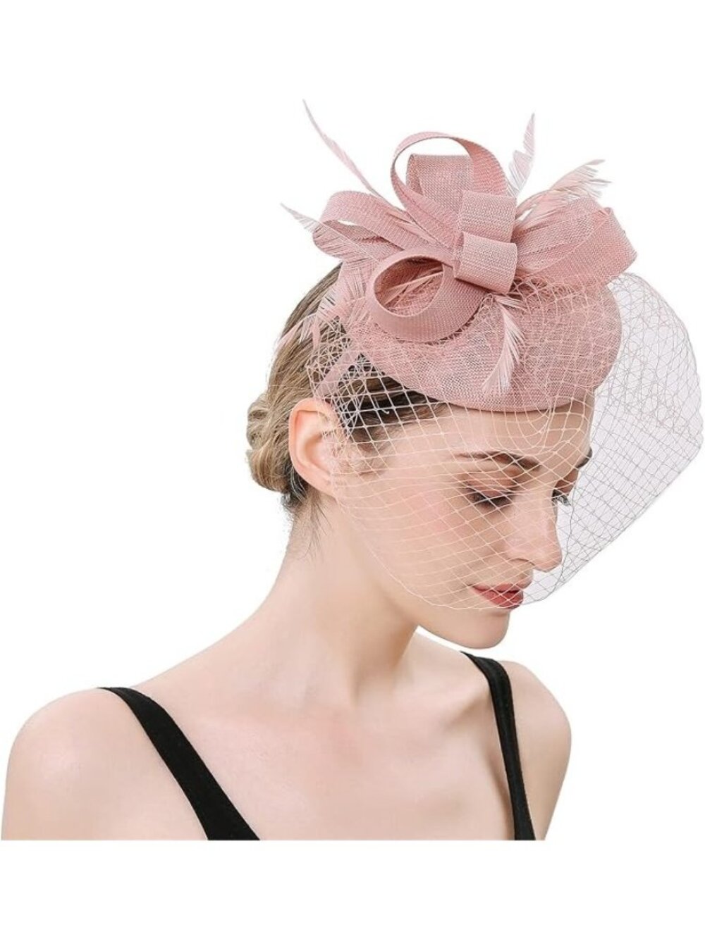 Pink Fascinator Hat W/ Bow Feathers Mesh Veil Elegant Bridal Tea Party Clip-On